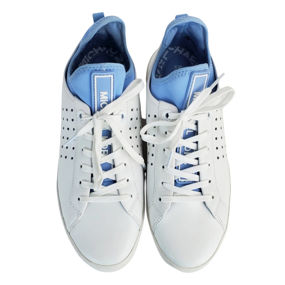 New Michael kors ace lace up lasered leather sneakers white pale blue - Picture 11 of 15